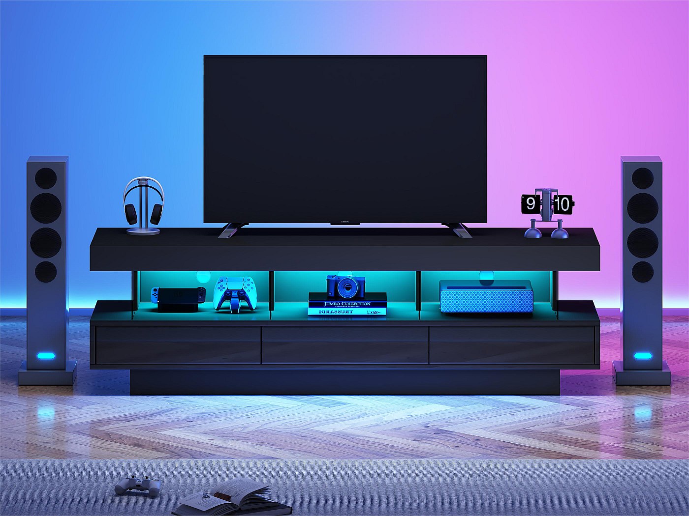 PUGSDRLY Meuble TV Bas avec 3 Compartiments de Rangement,Meuble TV Moderne avec lumière LED changeant de Couleur,180x35x30cm (Blanc Marron,Trou carré