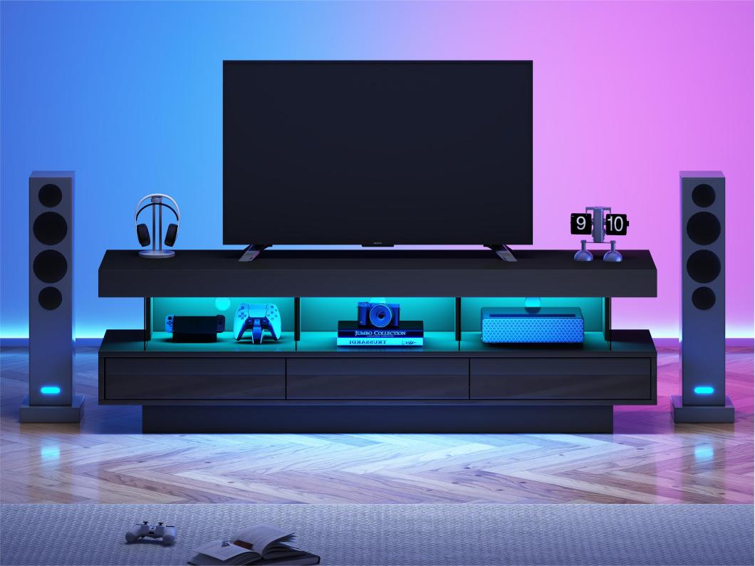 Meble TV 160 cm z LED - 3 przegrody szklane - sterowane przez aplikację - odpowiednie dla TV 70" - Czarny