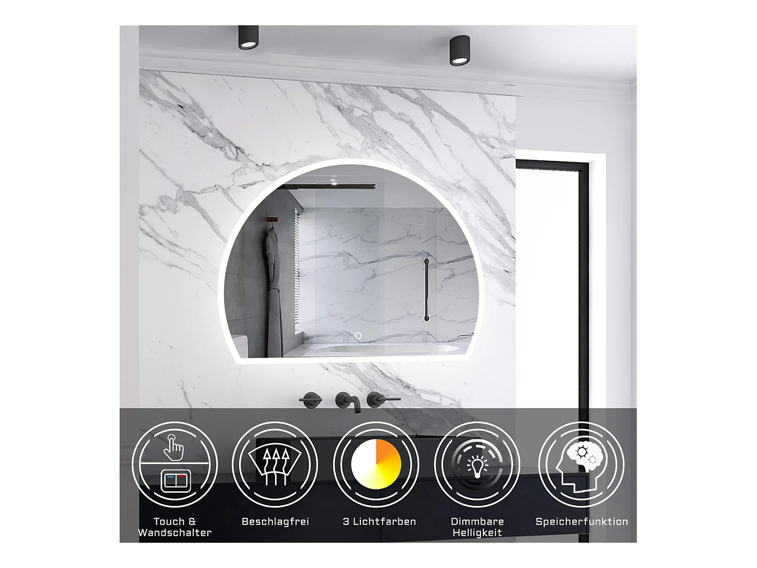 AICA LED Badspiegel 80x60cm Halbrund Anti-Beschlag 3 Lichfarbe Dimmbar Memory-Funktion Wand/Touchschalter