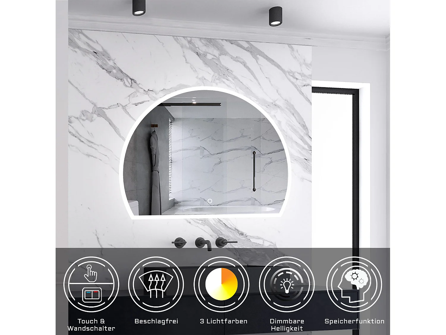 AICA LED Badspiegel 100x80cm Halbrund Anti-Beschlag 3 Lichfarbe Dimmbar Memory-Funktion Wand/Touchschalter
