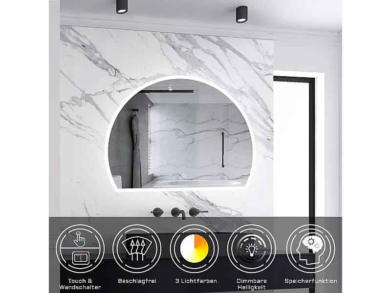 AICA LED Badspiegel 100x80cm Halbrund Anti-Beschlag 3 Lichfarbe Dimmbar Memory-Funktion Wand/Touchschalter
