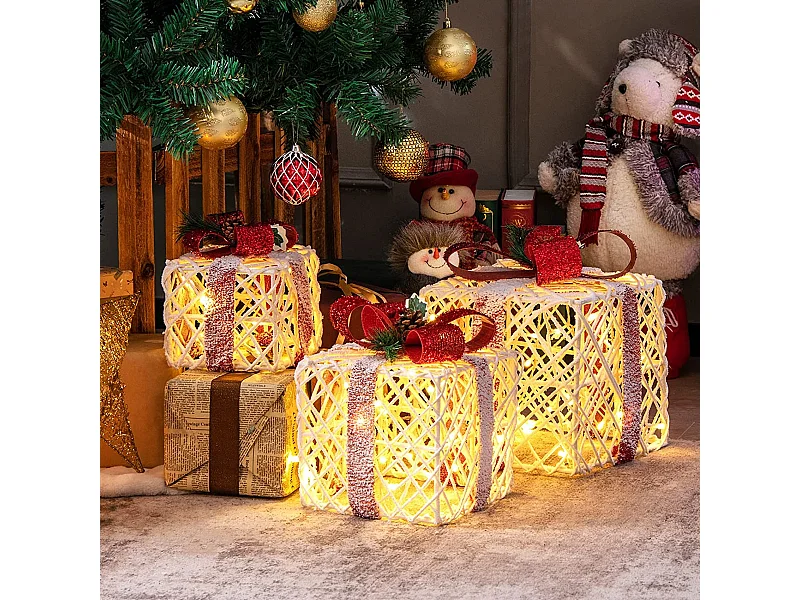Lot de 3 Boîtes à Cadeaux Lumineuses de Noël avec 60 LED de Noël Fonction minuterie 6 heures Pommes de Pin et Feuilles