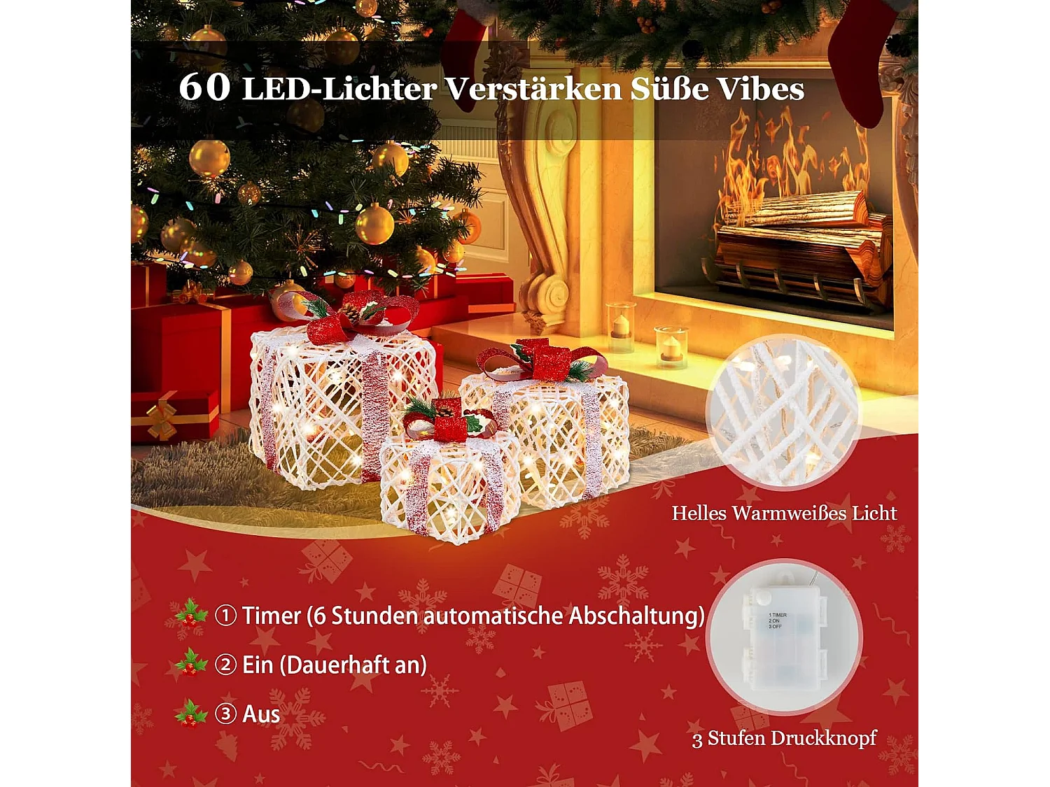 Weihnachtsgeschenkboxen 3er-Set Beleuchtete Geschenkboxen mit Schleifen LED-Lichtern 6H Timer