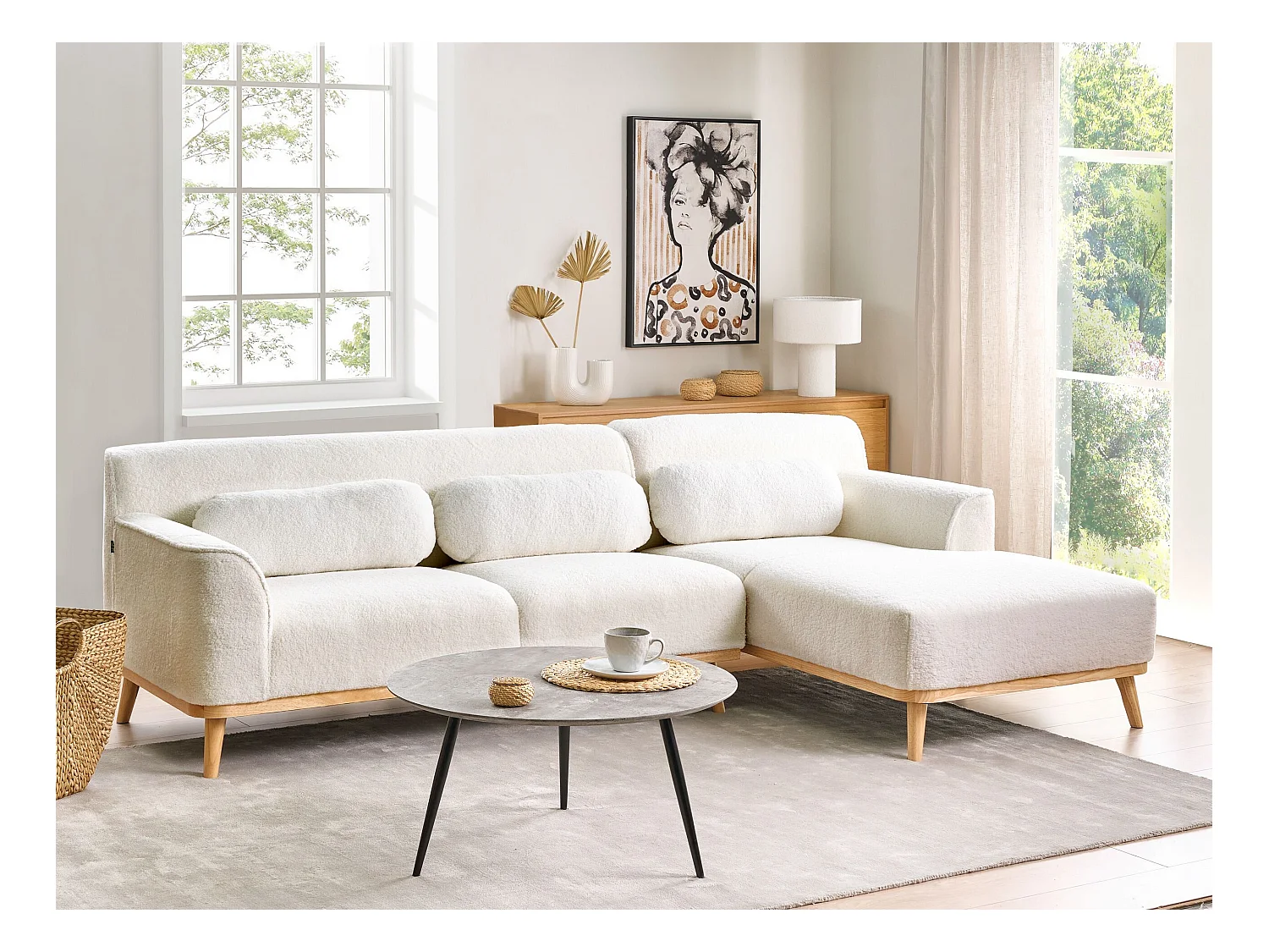 Canapé d'Angle à droite en Bouclé Dossier Rembourré Blanc Simos