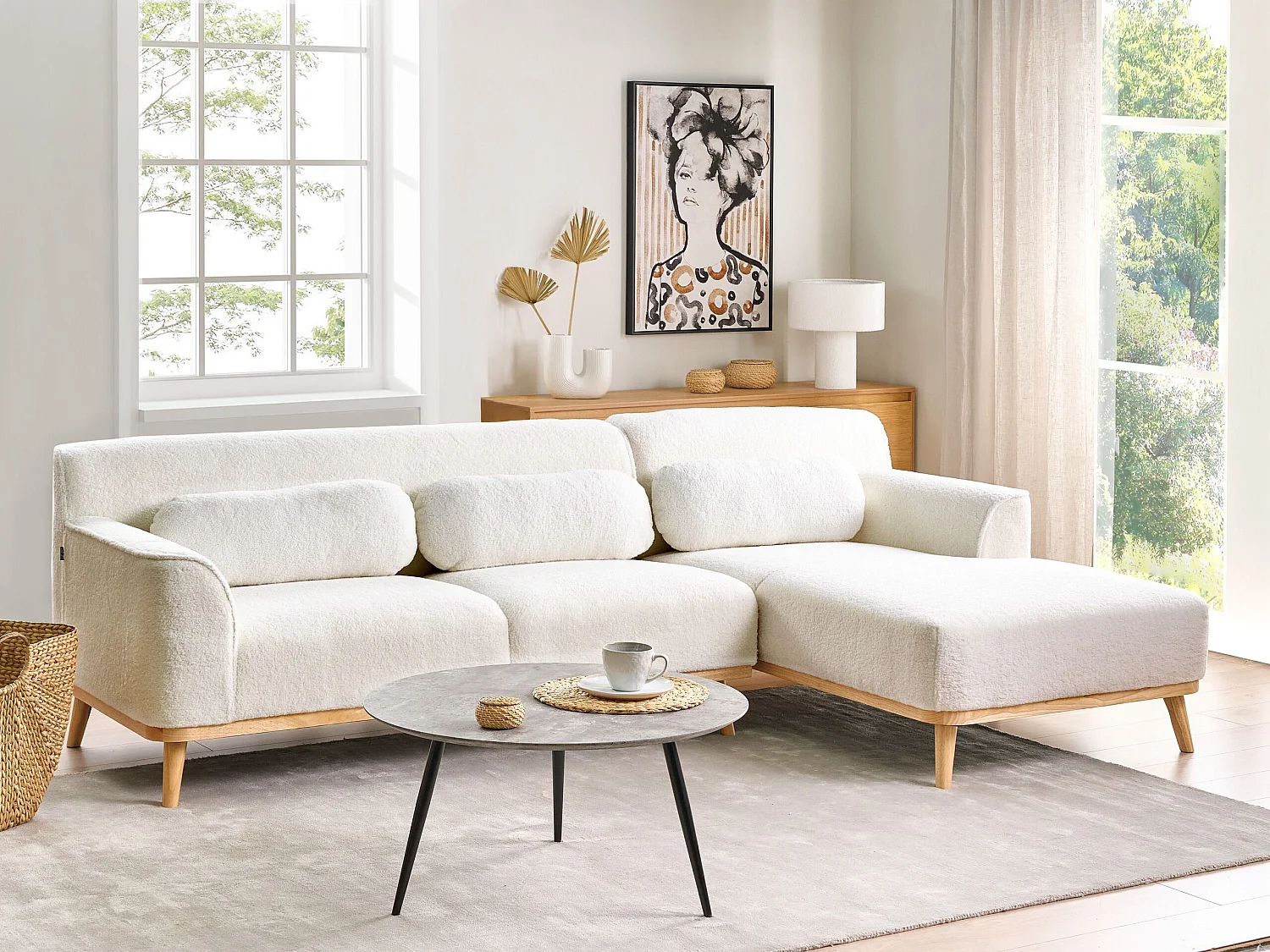 Ecksofa SIMOS Bouclé Weiss 3-Sitzer linksseitig