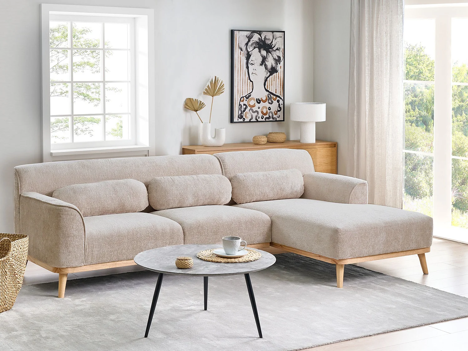 Ecksofa SIMOS Chenillegewebe Beige 3-Sitzer linksseitig