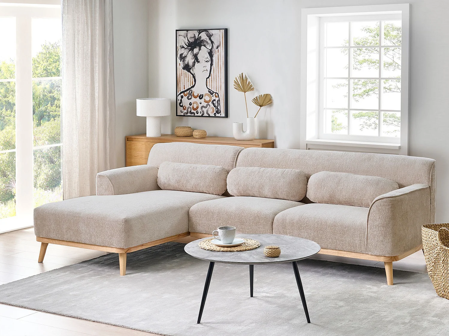 Canapé d'angle SIMOS Tissu chenille Beige 3 places Côté droit
