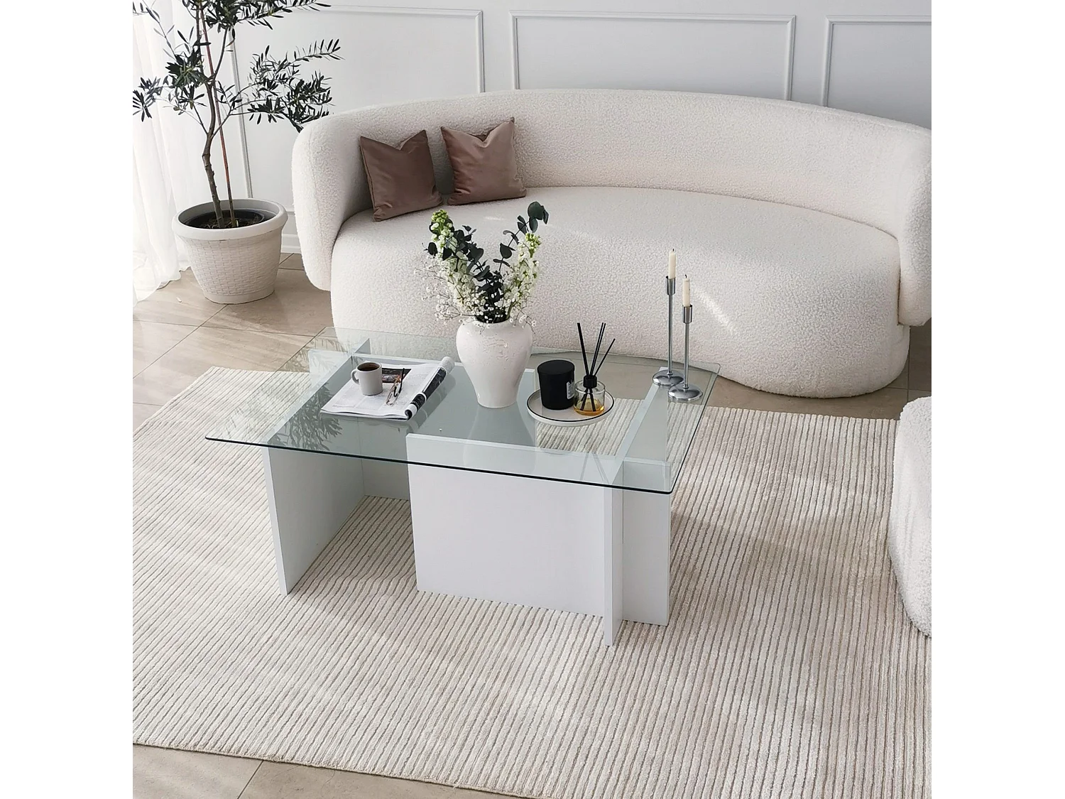 Table basse Melar 105x65cm Bois Blanc et Verre Transparent