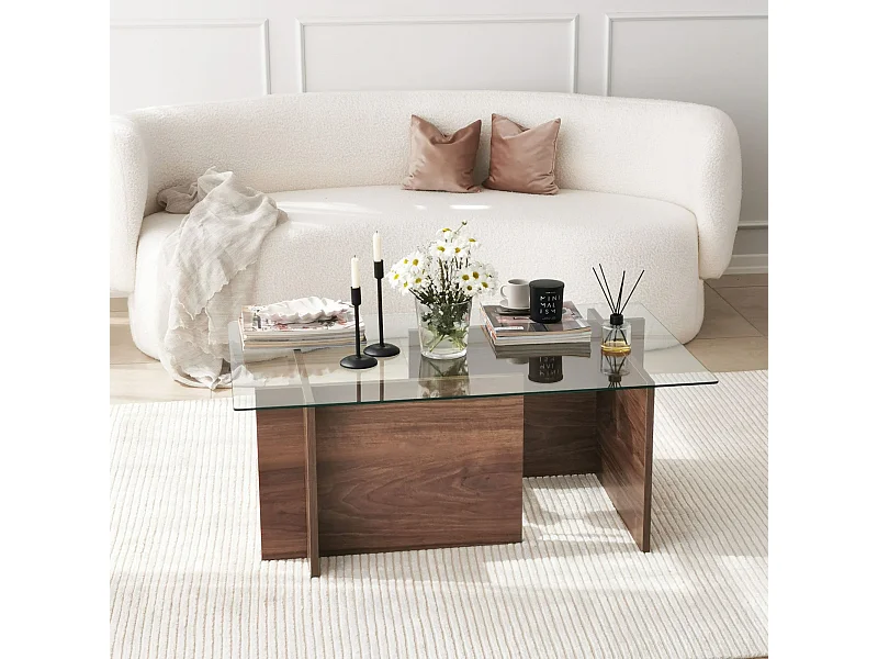 Mesa de café Kailua 102, Nuez, 40x65x105cm, Vidrio templado, Angular