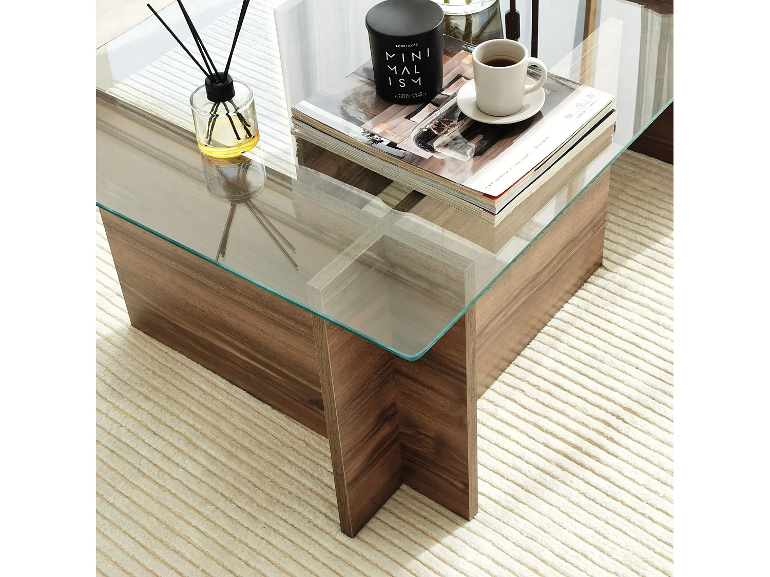 Mesa de café Kailua 102, Nuez, 40x65x105cm, Vidrio templado, Angular