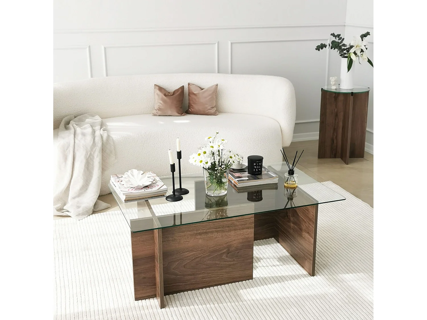 Table basse Melar 105x65cm Bois foncé et Verre Transparent