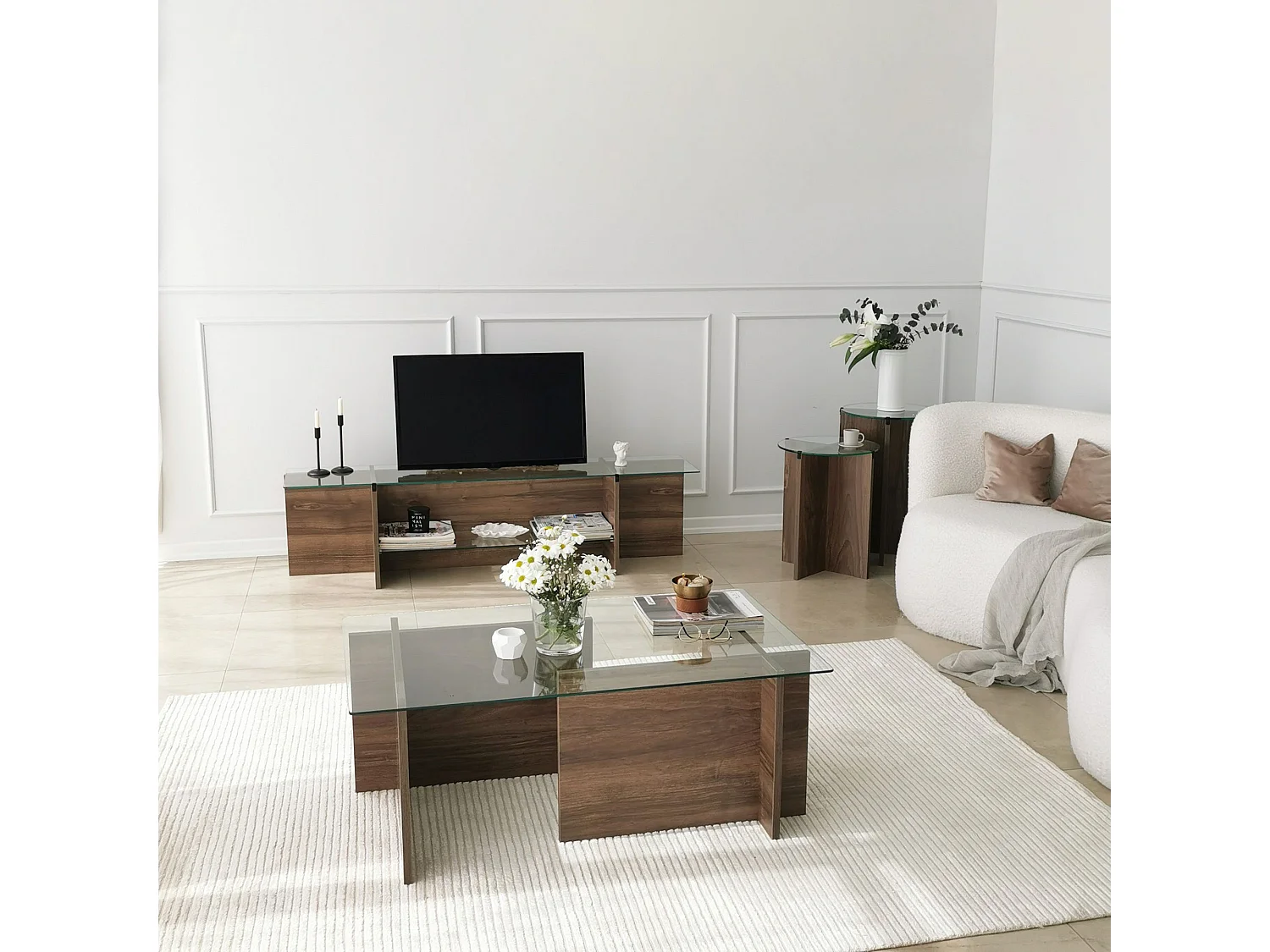 Table basse Melar 105x65cm Bois foncé et Verre Transparent