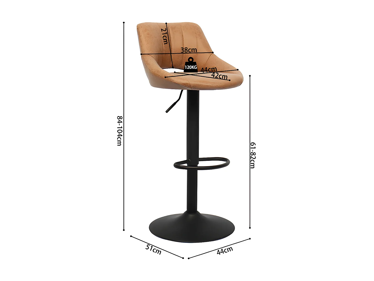 Tabouret de bar pivotant réglable Bella PU cognac