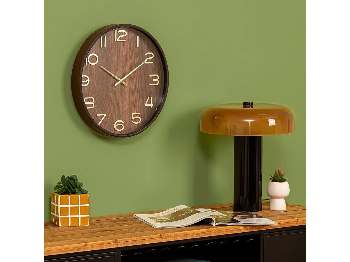 Pendule murale en bois Marron Tonka et verre D 38 cm