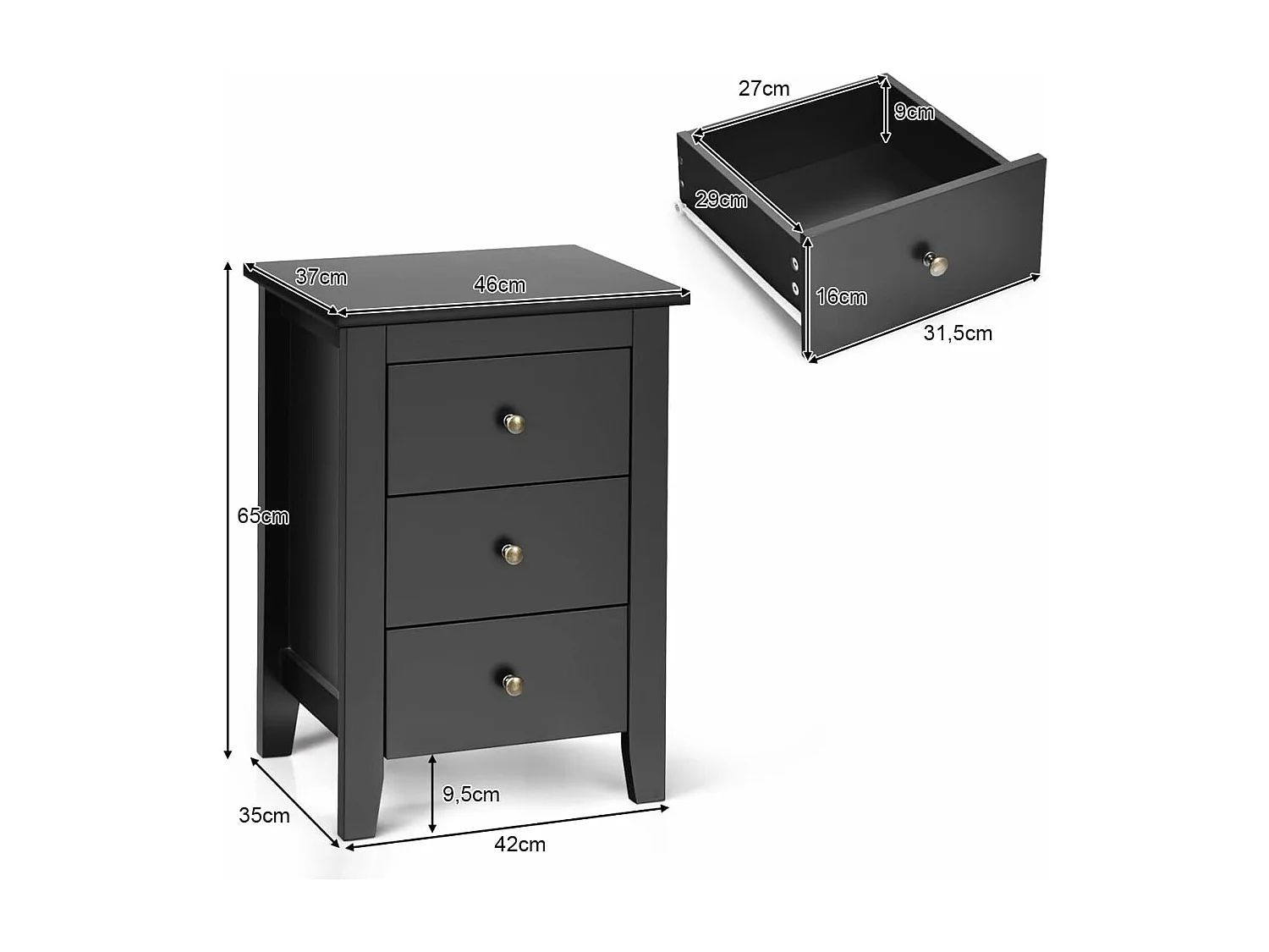 Table de Nuit, Table de Chevet Moderne avec 3 Tiroirs, Pour Chambre à Coucher, 46 x 37 x 65 CM Noir