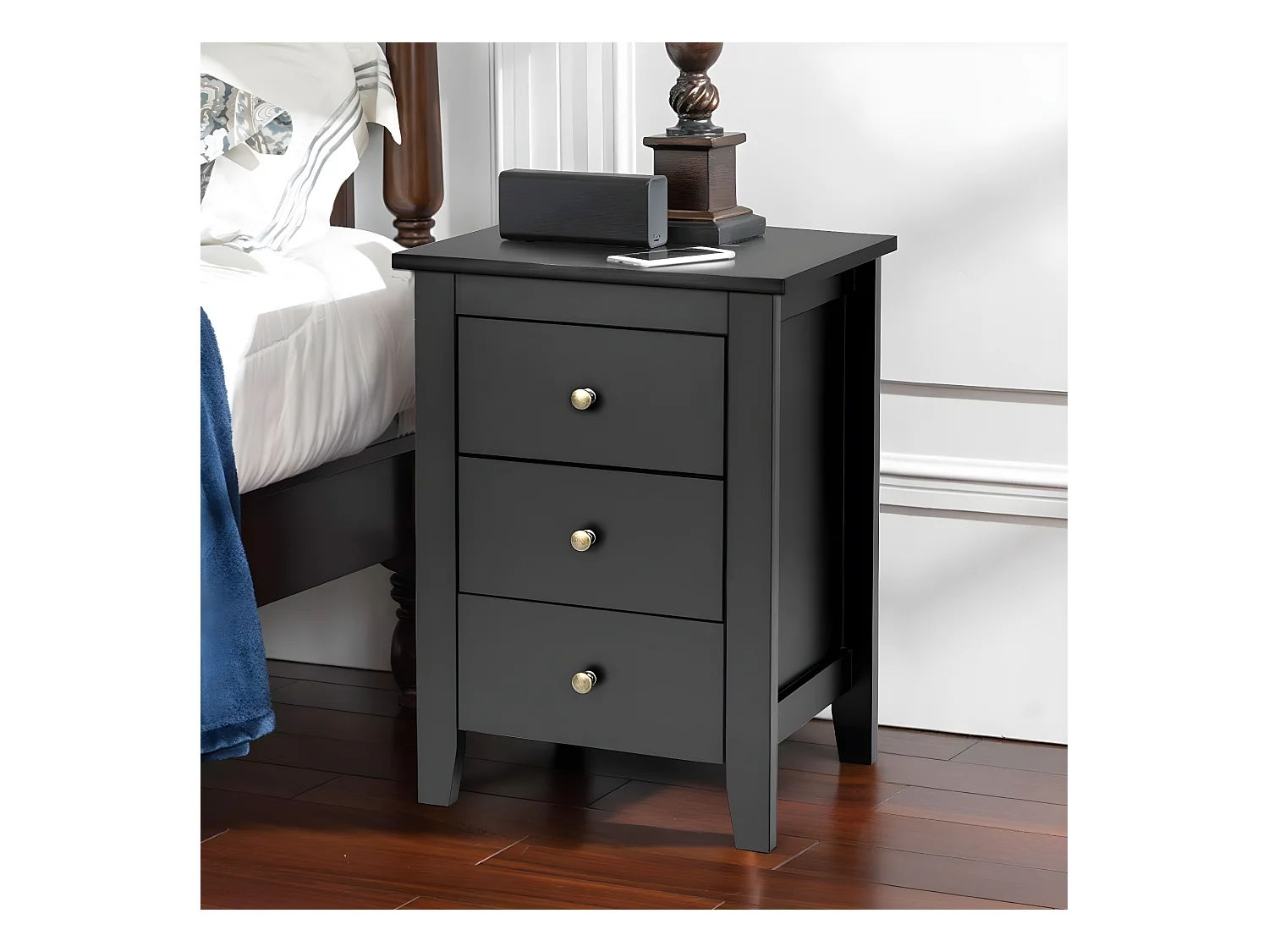 Table de Nuit, Table de Chevet Moderne avec 3 Tiroirs, Pour Chambre à Coucher, 46 x 37 x 65 CM Noir