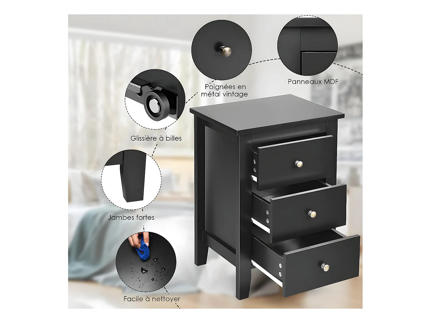 Table de Nuit, Table de Chevet Moderne avec 3 Tiroirs, Pour Chambre à Coucher, 46 x 37 x 65 CM Noir