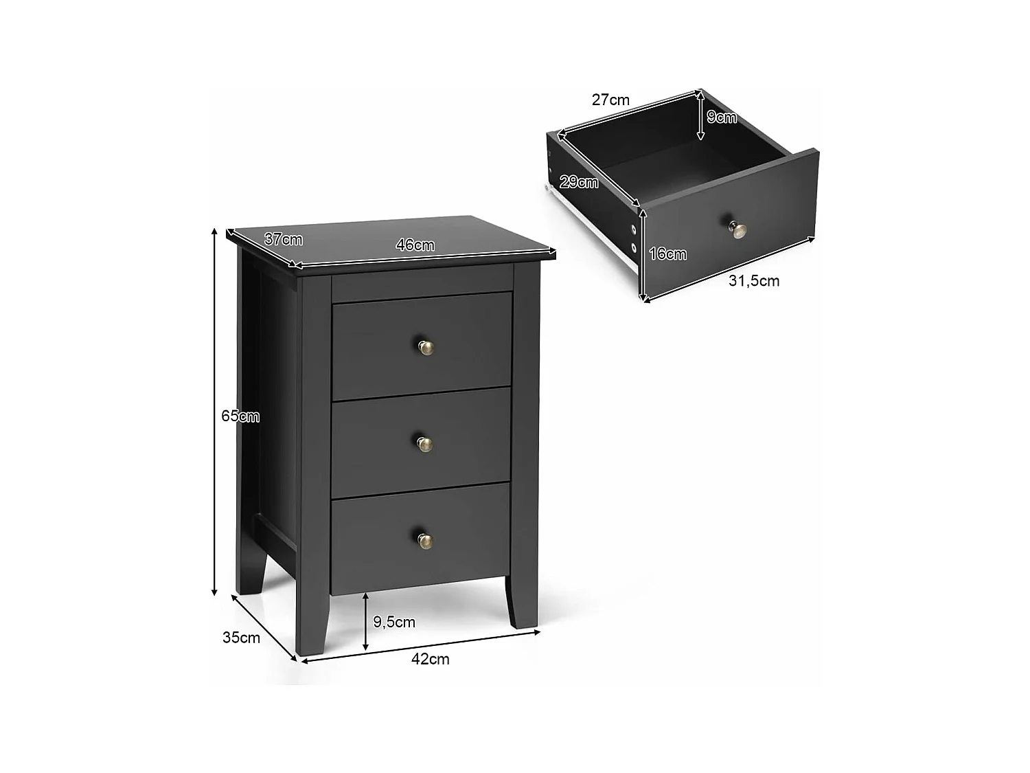 Table de Nuit, Table de Chevet Moderne avec 3 Tiroirs, Pour Chambre à Coucher, 46 x 37 x 65 CM Noir