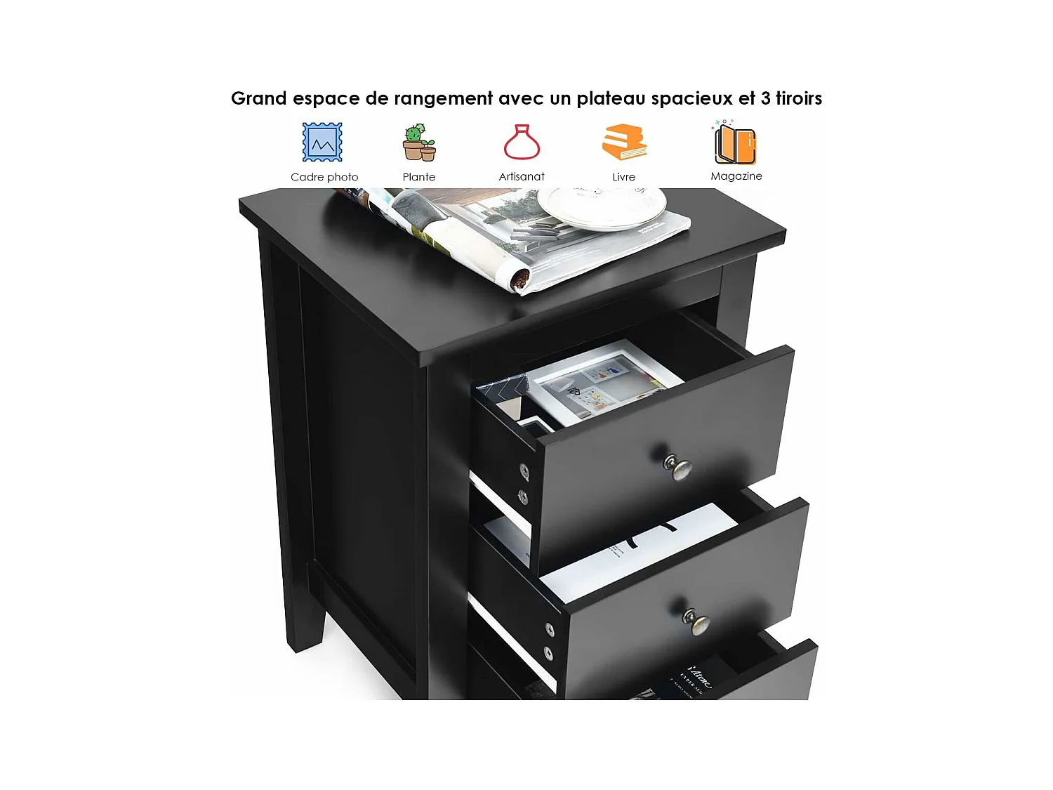 Table de Nuit, Table de Chevet Moderne avec 3 Tiroirs, Pour Chambre à Coucher, 46 x 37 x 65 CM Noir