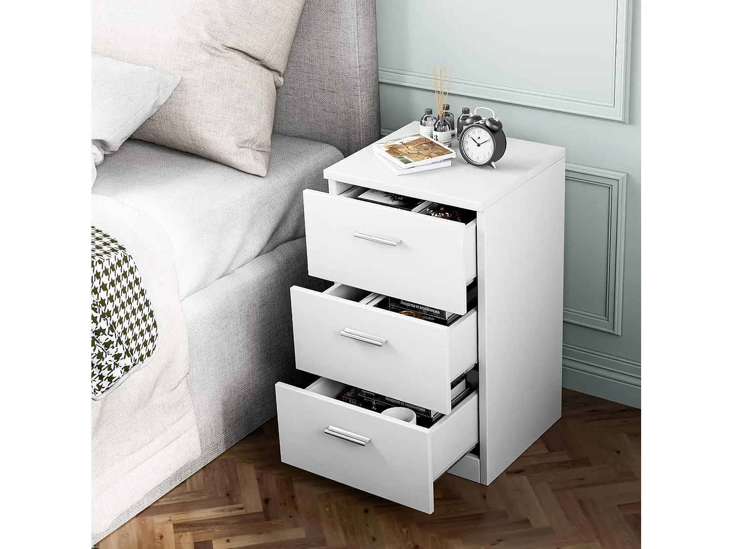 Commode Chambre en Bois avec 3 Tiroirs, Caisson de Bureau avec Tiroir, Table de Chevet pour Lit de H60CM, 35x38x67CM(Blanc)