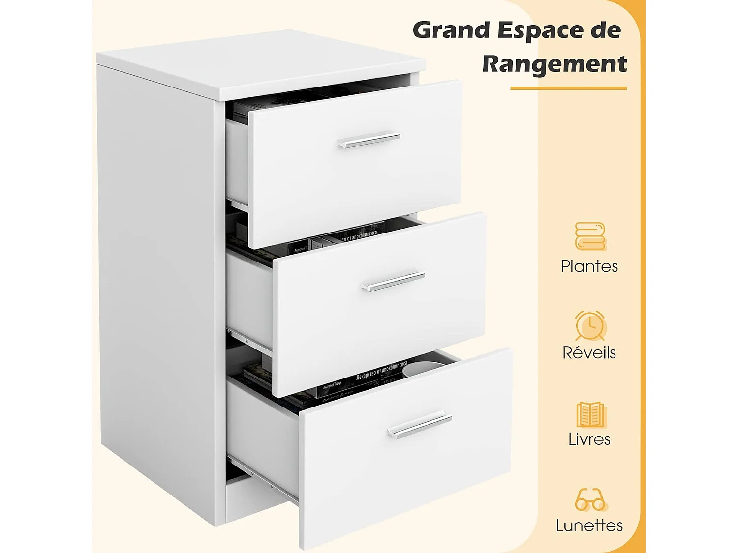 Commode Chambre en Bois avec 3 Tiroirs, Caisson de Bureau avec Tiroir, Table de Chevet pour Lit de H60CM, 35x38x67CM(Blanc)