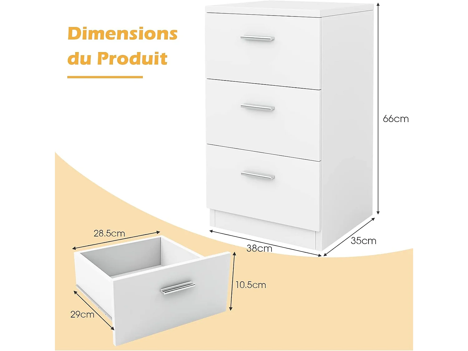 Commode Chambre en Bois avec 3 Tiroirs, Caisson de Bureau avec Tiroir, Table de Chevet pour Lit de H60CM, 35x38x67CM(Blanc)