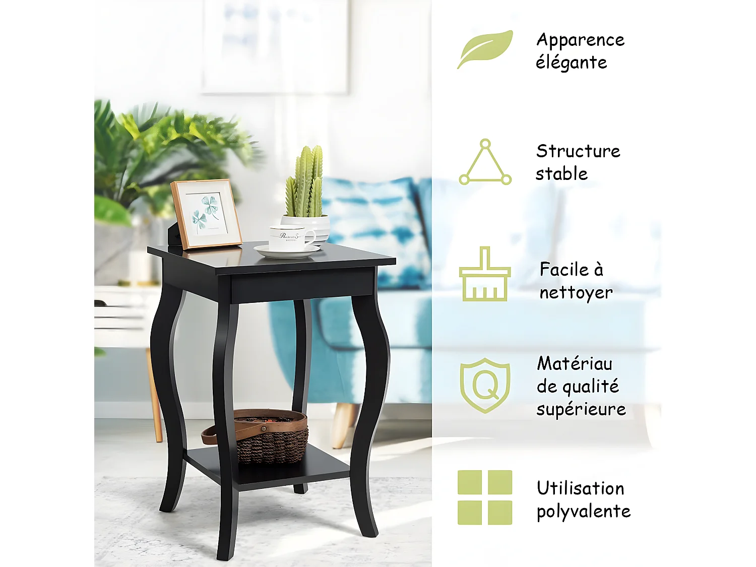 Table d'Appoint, Table de Chevet 2 Niveaux, Bout de Canapé Carré avec Patins Antidérapants pour Chambre, Salon, 40 x 40 x 60 cm, Noir