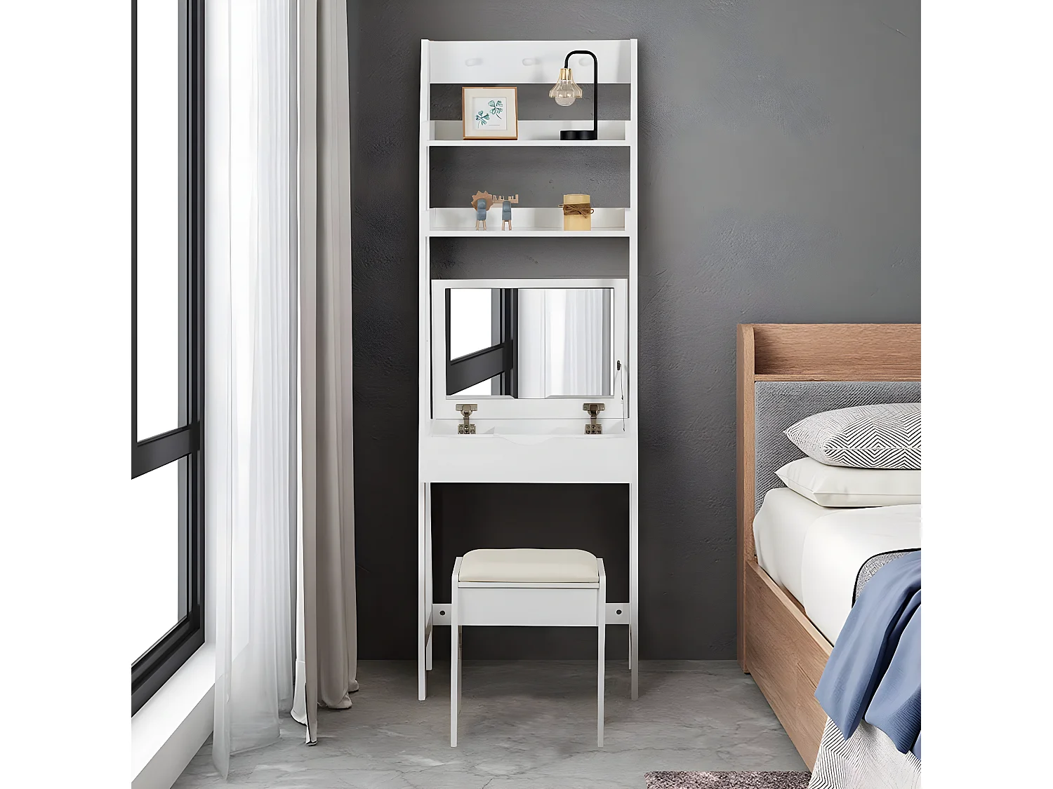 Coiffeuse avec Miroir Table de Maquillage Moderne avec Miroir, Tabouret, 2 Etagères, 3 crochets Table de Cosmétique en MDF pour Chambre, 61,5 x 40 x 180 Blanc