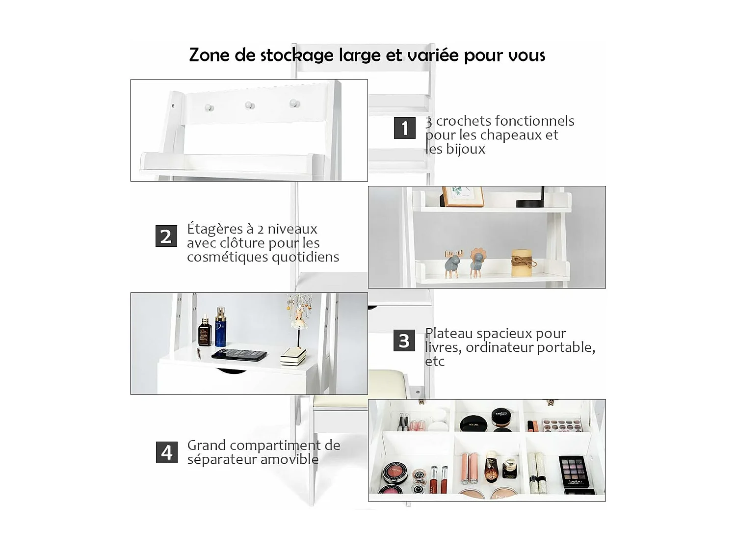 Coiffeuse avec Miroir Table de Maquillage Moderne avec Miroir, Tabouret, 2 Etagères, 3 crochets Table de Cosmétique en MDF pour Chambre, 61,5 x 40 x 180 Blanc