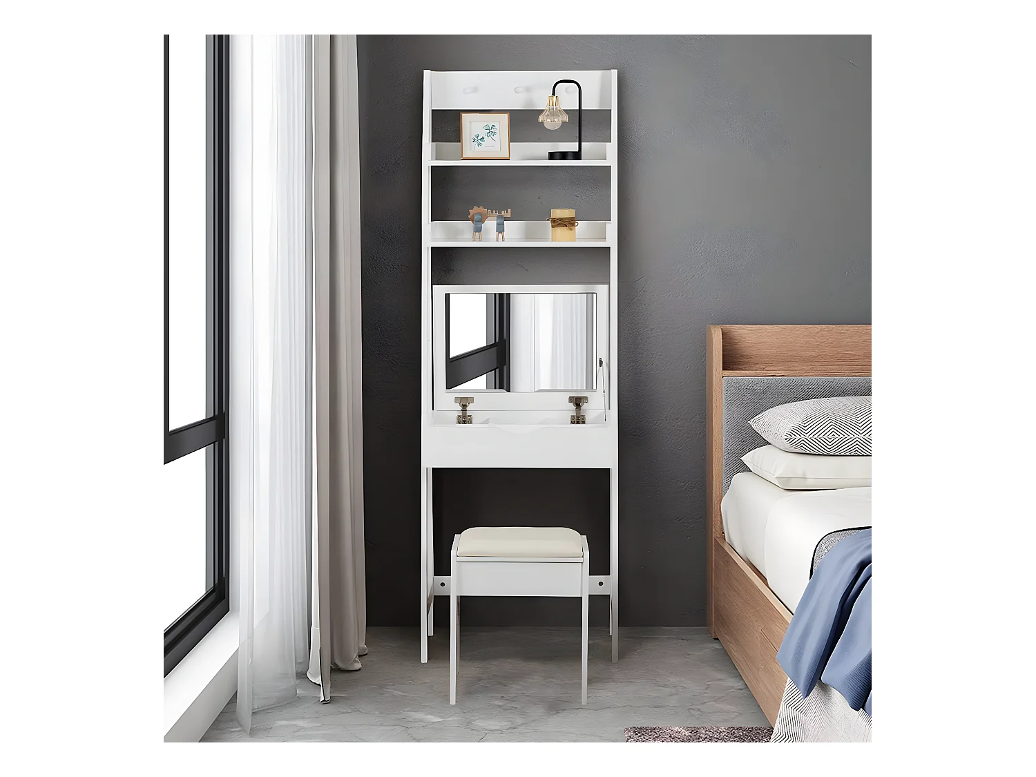 Coiffeuse avec Miroir Table de Maquillage Moderne avec Miroir, Tabouret, 2 Etagères, 3 crochets Table de Cosmétique en MDF pour Chambre, 61,5 x 40 x 180 Blanc