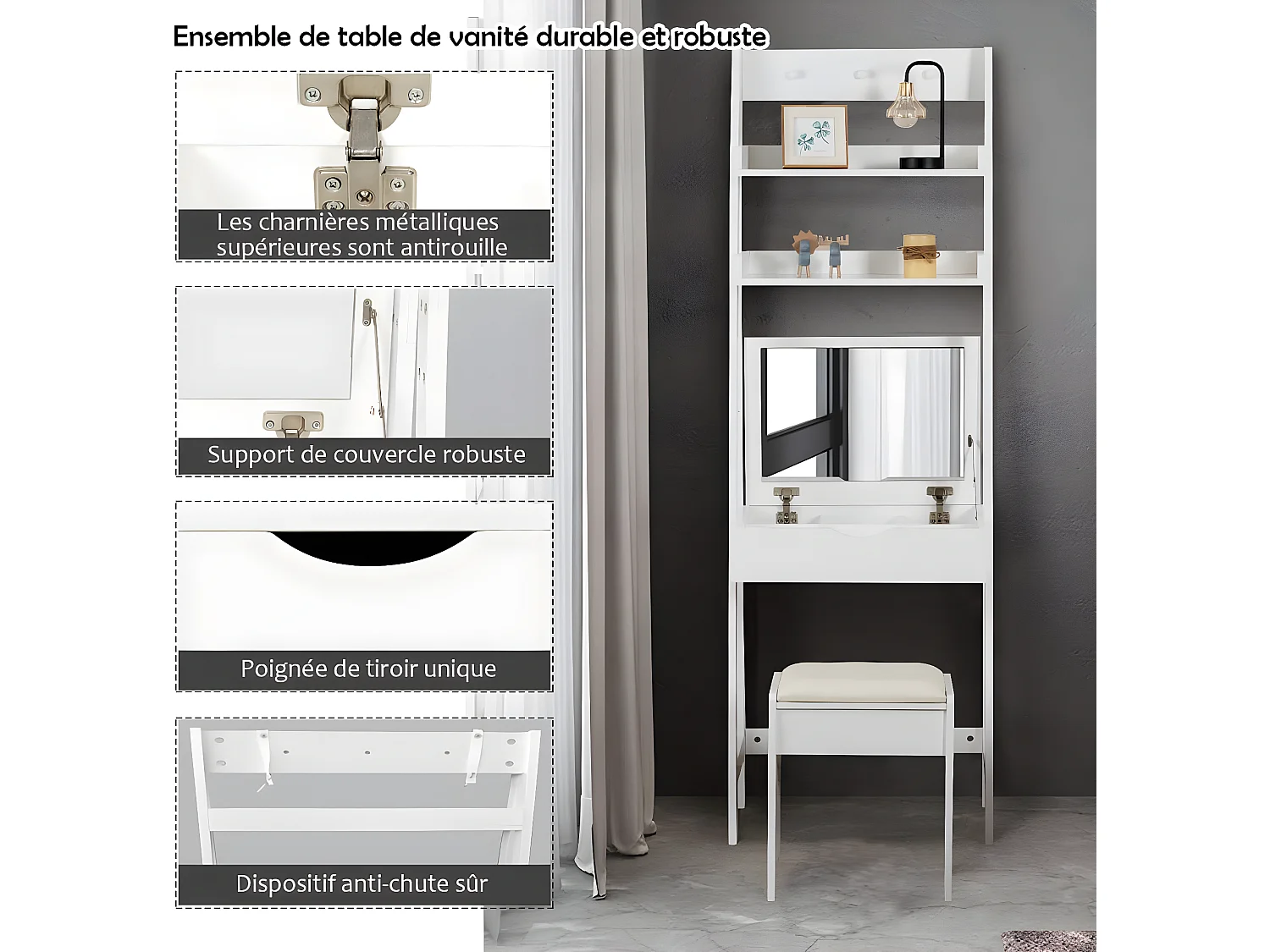 Coiffeuse avec Miroir Table de Maquillage Moderne avec Miroir, Tabouret, 2 Etagères, 3 crochets Table de Cosmétique en MDF pour Chambre, 61,5 x 40 x 180 Blanc