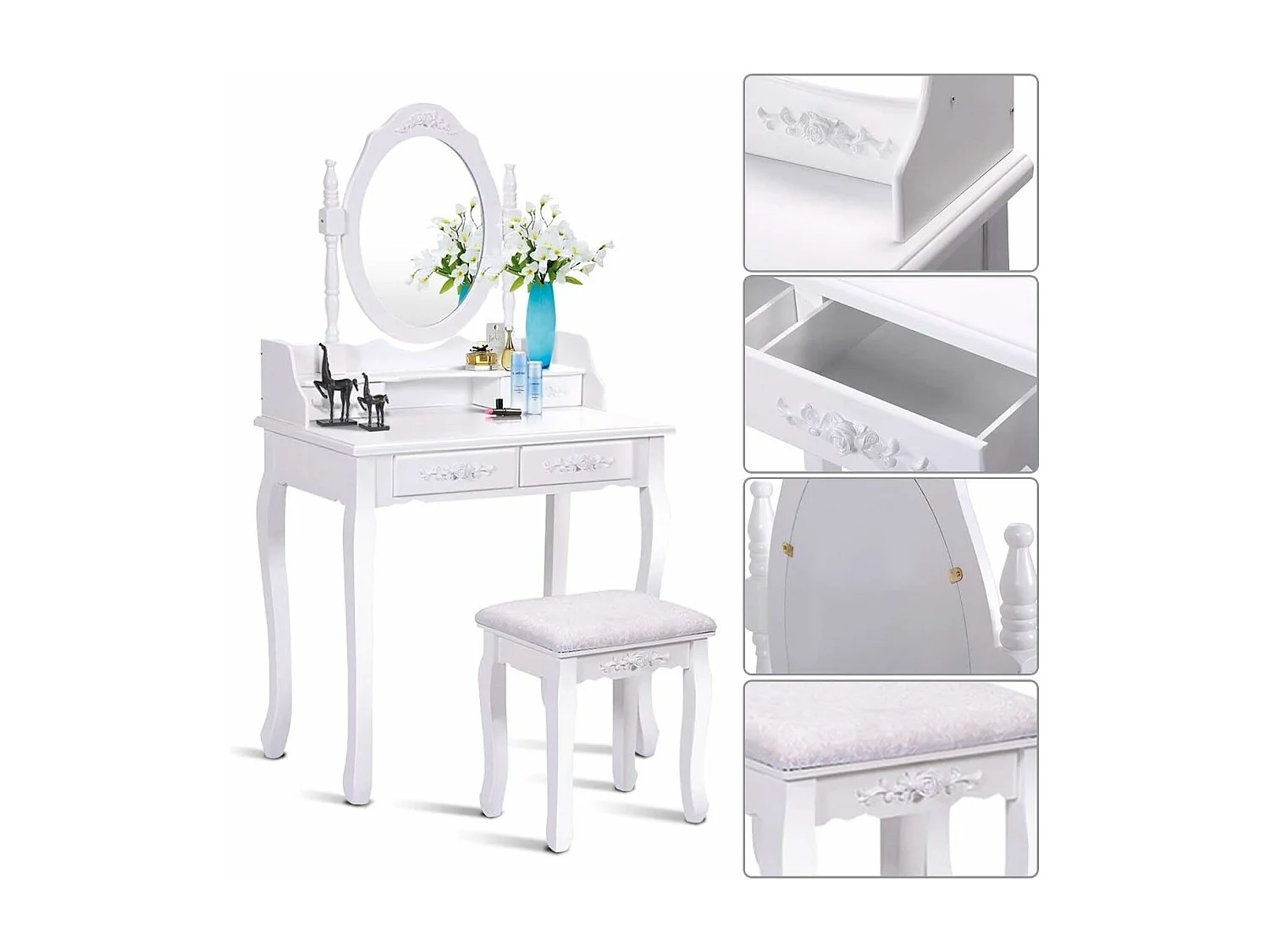Coiffeuse Table de Maquillage 75x40x145CM avec Miroir Ovale 1 Tabouret Pieds en Pin et 4 Tiroirs Blanche