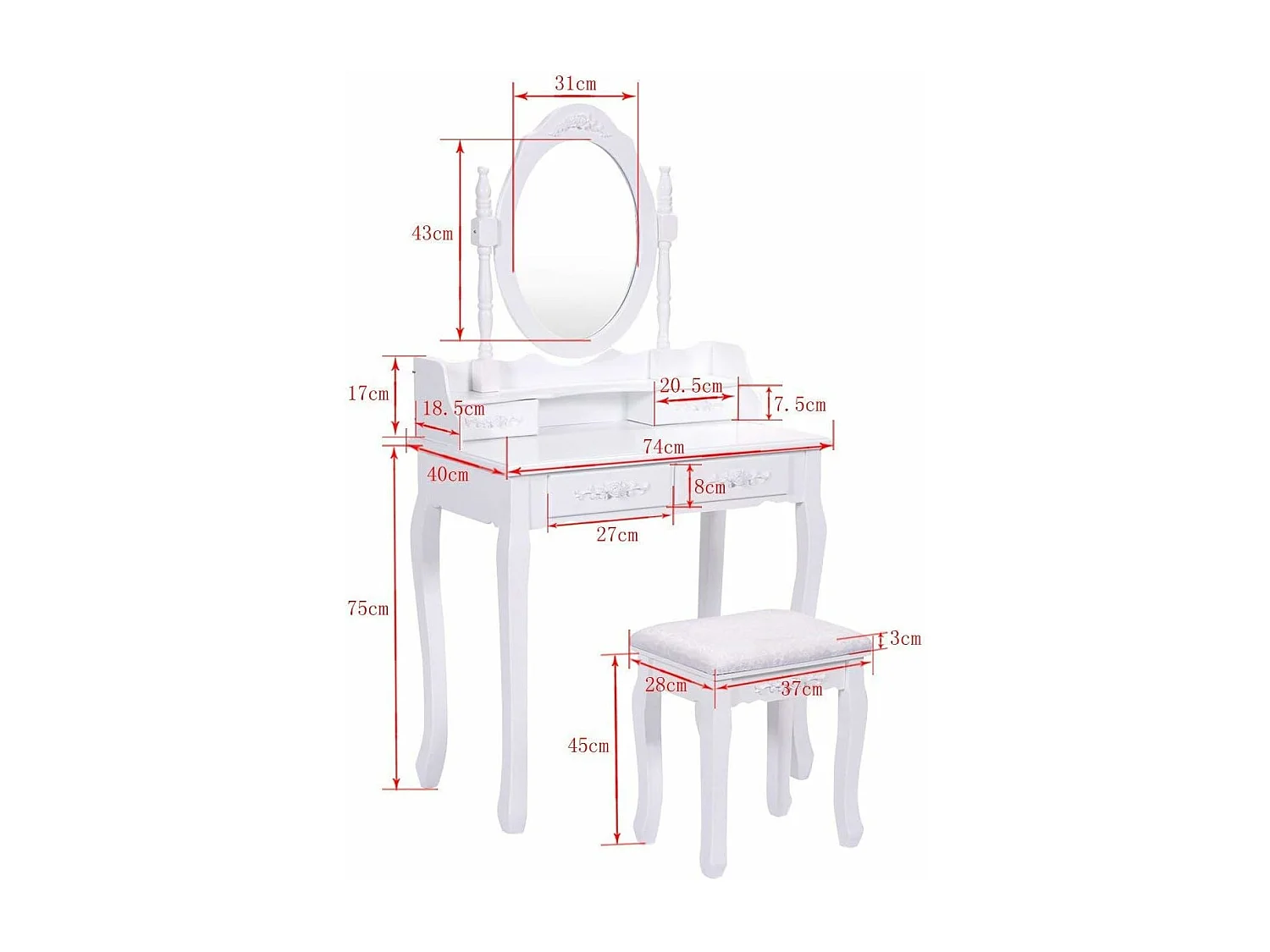 Coiffeuse Table de Maquillage 75x40x145CM avec Miroir Ovale 1 Tabouret Pieds en Pin et 4 Tiroirs Blanche