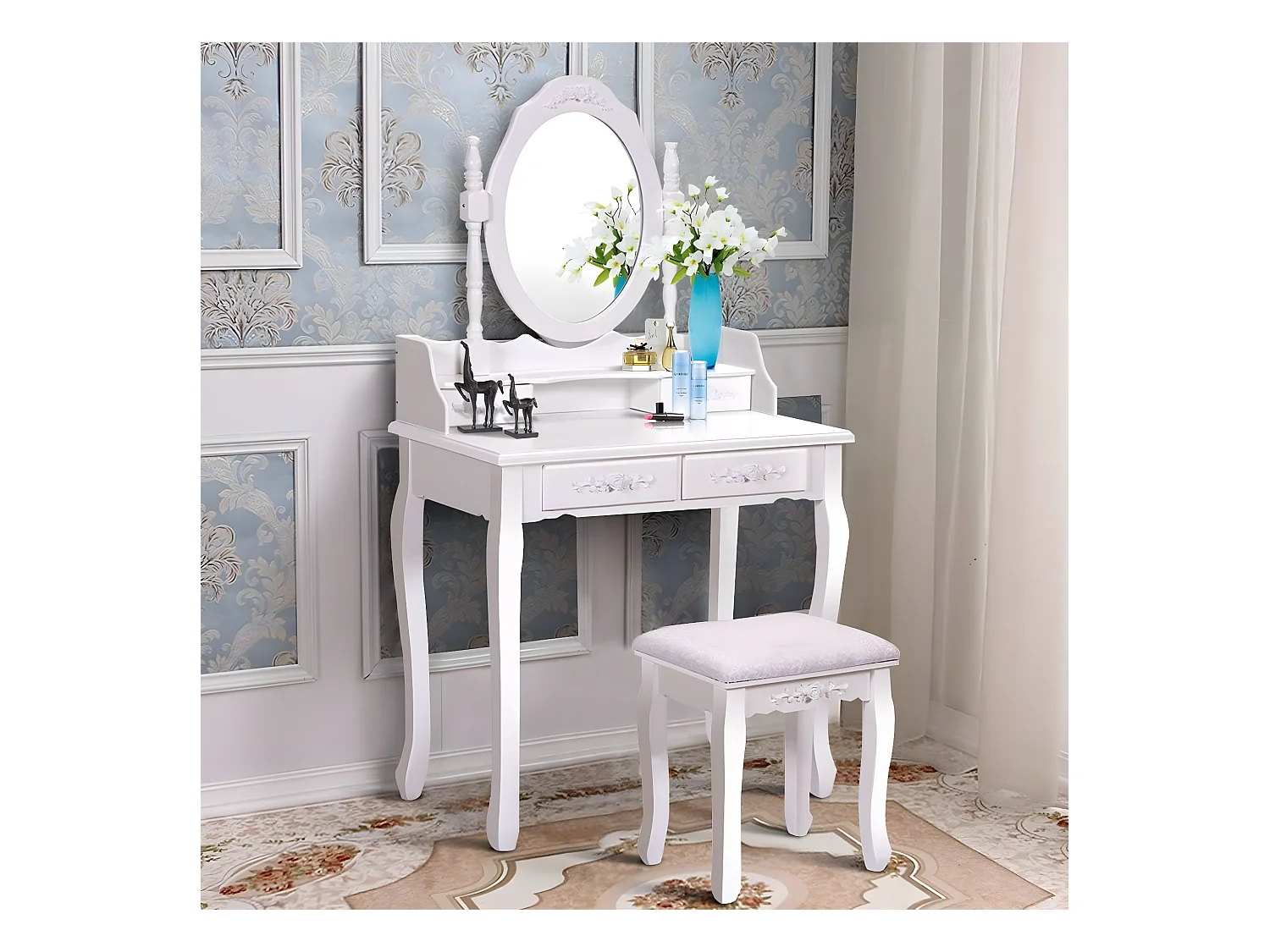 Coiffeuse Table de Maquillage 75x40x145CM avec Miroir Ovale 1 Tabouret Pieds en Pin et 4 Tiroirs Blanche
