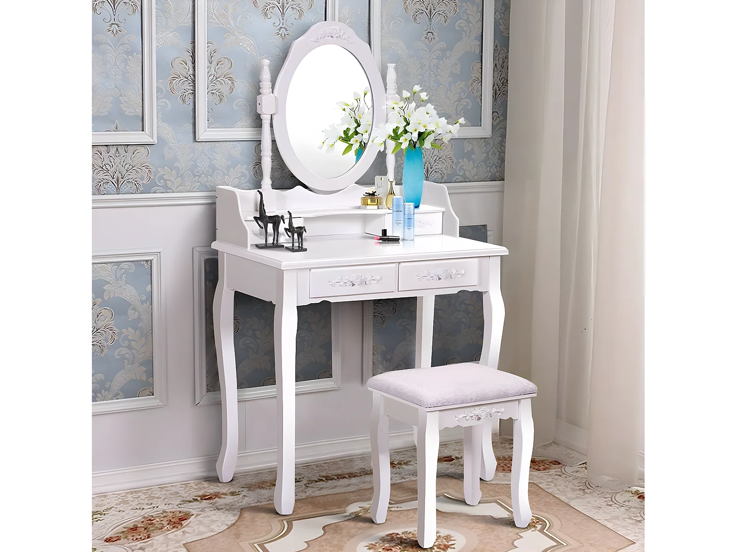 Coiffeuse Table de Maquillage 75x40x145CM avec Miroir Ovale 1 Tabouret Pieds en Pin et 4 Tiroirs Blanche