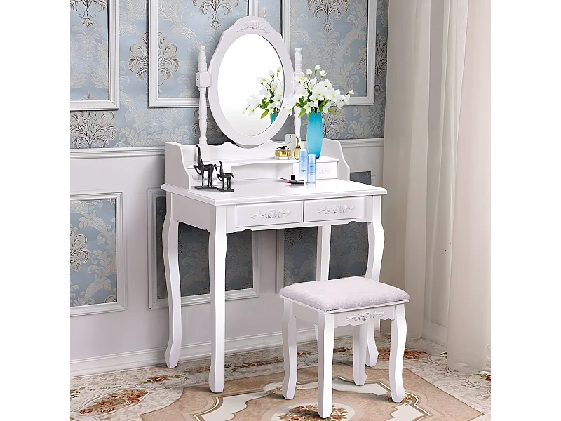 Coiffeuse Table de Maquillage 75x40x145CM avec Miroir Ovale 1 Tabouret Pieds en Pin et 4 Tiroirs Blanche
