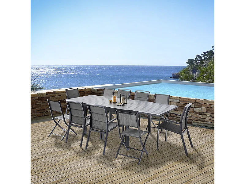 Ensemble MODULO 6/10p en aluminium et 6 fauteuils en aluminium et assise textilène