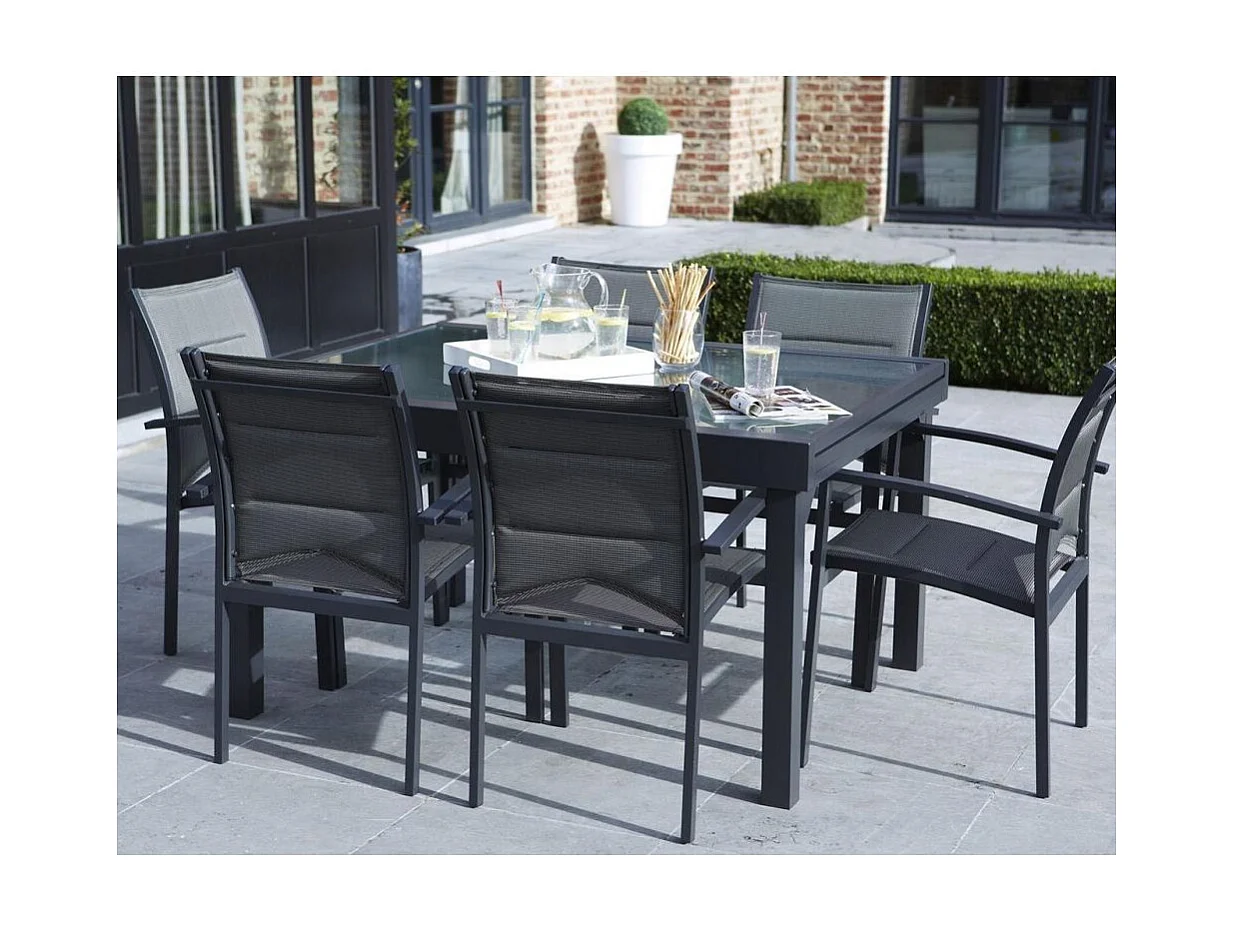 Ensemble MODULO 6/10p en aluminium et 6 fauteuils en aluminium et assise textilène