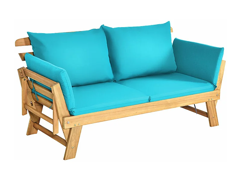 2-zits converteerbare tuinslaapbank van acaciahout met kussen, 2-in-1 tuinbank met verstelbare armleuning, belasting 320 kg, voor patio-zwembad binnenplaats (blauw)