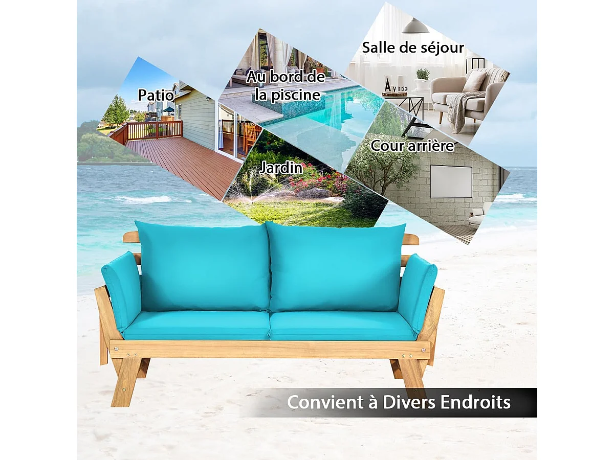 Canapé Lit de Jardin Convertible 2 Places en Bois d’Acacia avec Coussin, Canapé de Jardin 2 en 1 avec Accoudoir Réglable Charge 320KG, pour Patio Piscine (Bleu)