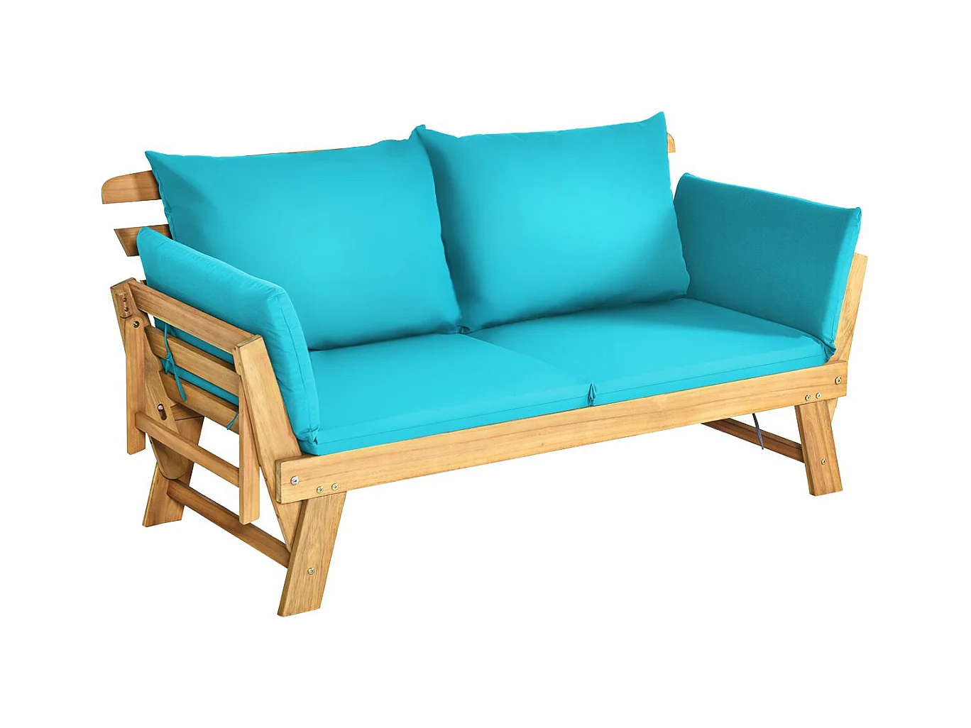 Canapé Lit de Jardin Convertible 2 Places en Bois d’Acacia avec Coussin, Canapé de Jardin 2 en 1 avec Accoudoir Réglable Charge 320KG, pour Patio Piscine (Bleu)