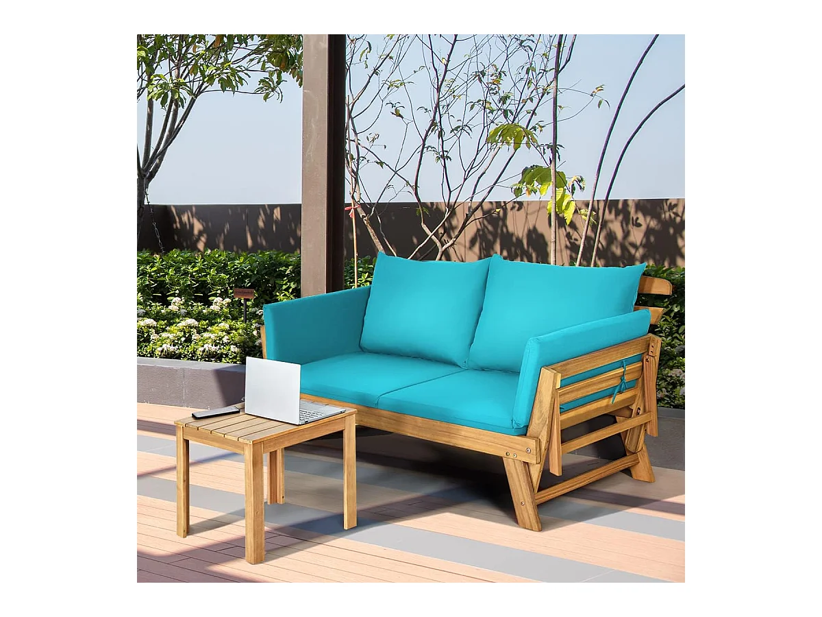 Canapé Lit de Jardin Convertible 2 Places en Bois d’Acacia avec Coussin, Canapé de Jardin 2 en 1 avec Accoudoir Réglable Charge 320KG, pour Patio Piscine (Bleu)