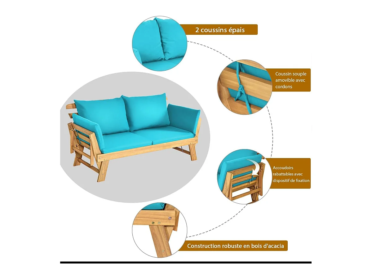Canapé Lit de Jardin Convertible 2 Places en Bois d’Acacia avec Coussin, Canapé de Jardin 2 en 1 avec Accoudoir Réglable Charge 320KG, pour Patio Piscine (Bleu)