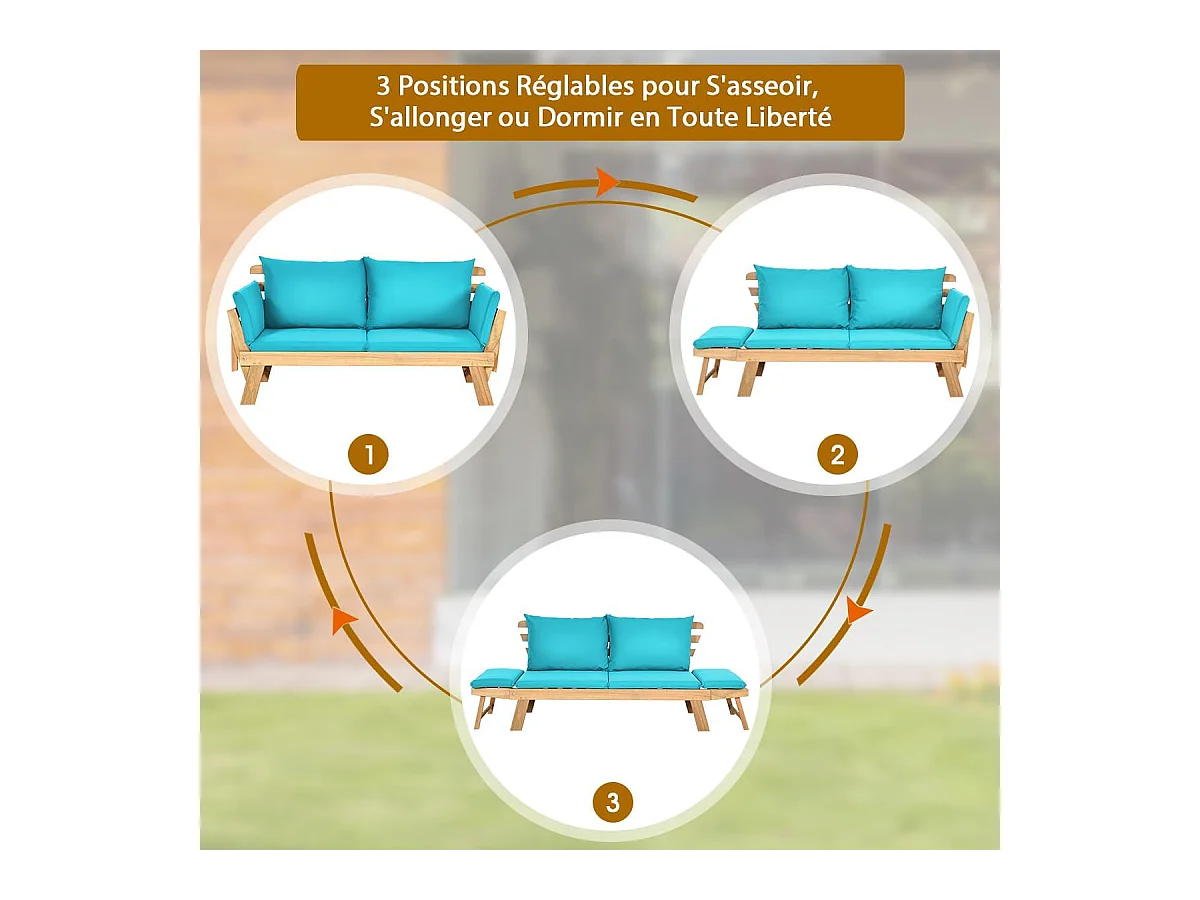Canapé Lit de Jardin Convertible 2 Places en Bois d’Acacia avec Coussin, Canapé de Jardin 2 en 1 avec Accoudoir Réglable Charge 320KG, pour Patio Piscine (Bleu)