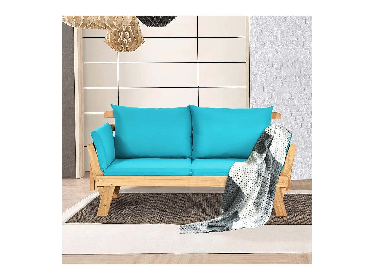Canapé Lit de Jardin Convertible 2 Places en Bois d’Acacia avec Coussin, Canapé de Jardin 2 en 1 avec Accoudoir Réglable Charge 320KG, pour Patio Piscine (Bleu)