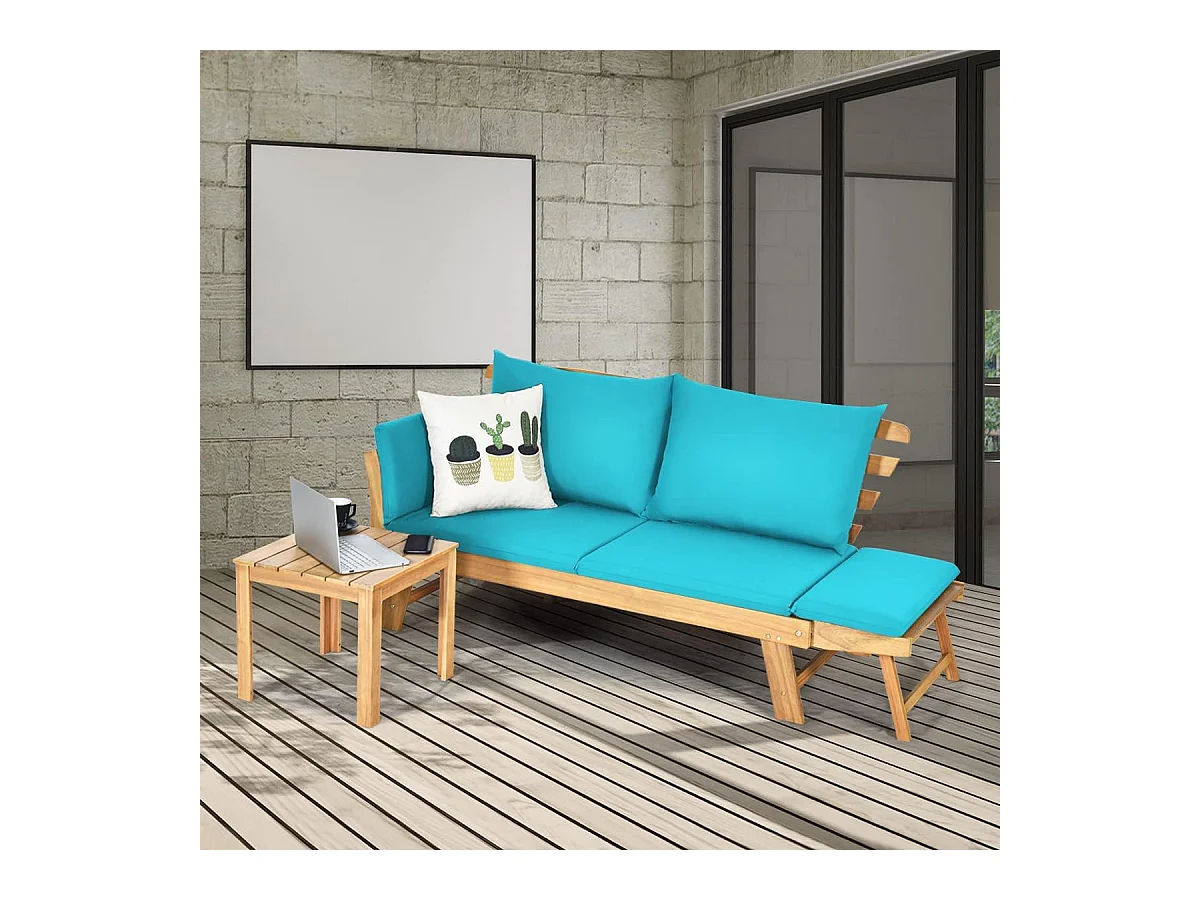 Canapé Lit de Jardin Convertible 2 Places en Bois d’Acacia avec Coussin, Canapé de Jardin 2 en 1 avec Accoudoir Réglable Charge 320KG, pour Patio Piscine (Bleu)
