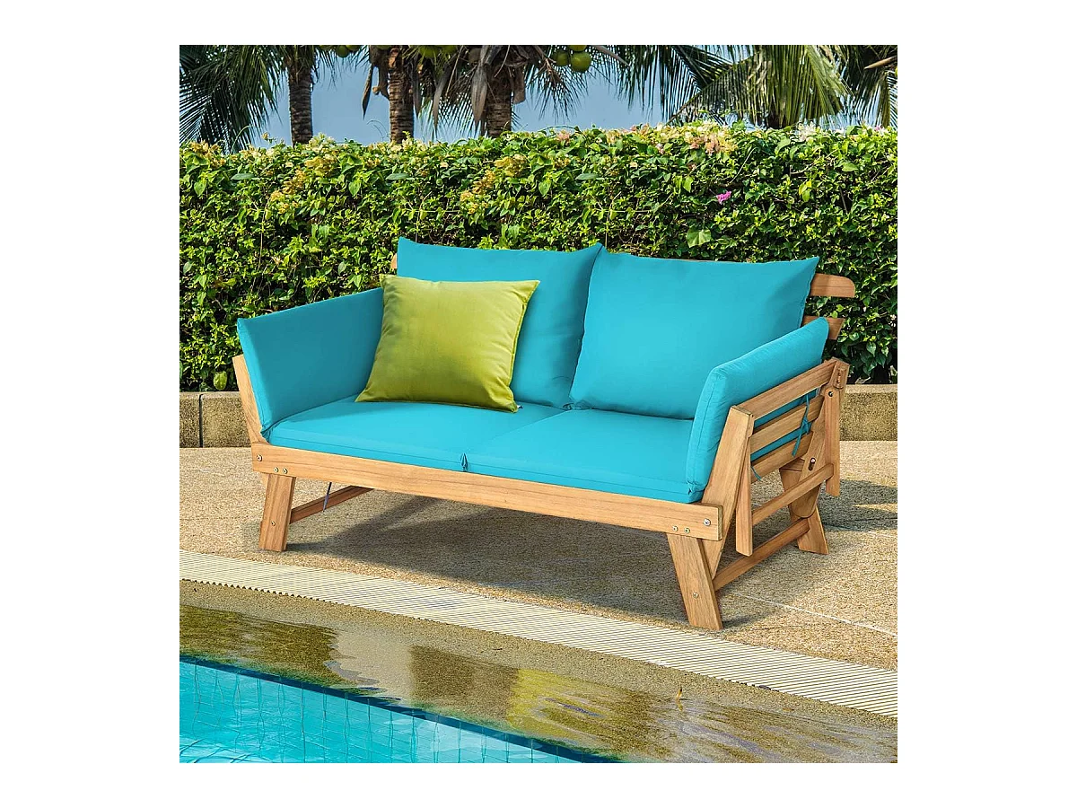 Canapé Lit de Jardin Convertible 2 Places en Bois d’Acacia avec Coussin, Canapé de Jardin 2 en 1 avec Accoudoir Réglable Charge 320KG, pour Patio Piscine (Bleu)