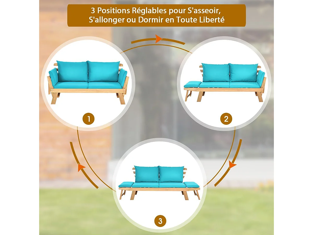 Canapé Lit de Jardin Convertible 2 Places en Bois d’Acacia avec Coussin, Canapé de Jardin 2 en 1 avec Accoudoir Réglable Charge 320KG, pour Patio Piscine (Bleu)