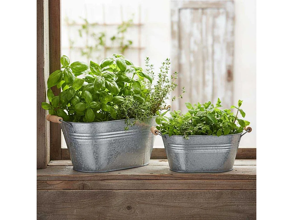 Jardinière ovale zinc et bois 30 x 17 x 14 cm