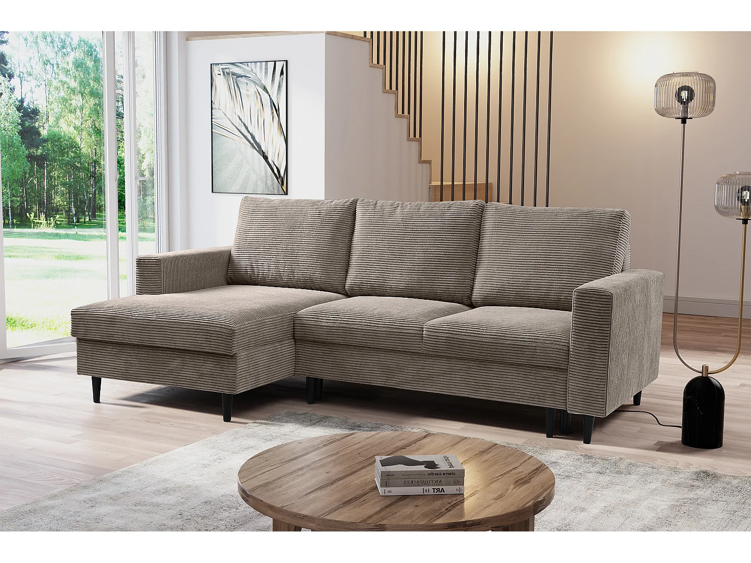 Hoekbank - met L-vormige slaapfunctie - beige corduroy - linkerzijde - NALIKA